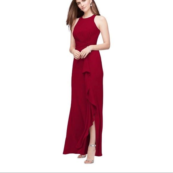 David's BridalHigh-Neck Bridesmaid Dress in Chianti with Cascade Twist